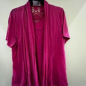 Kim Rogers Pink Blouse Short Sleeve Size XL Lace Cutout EUC
